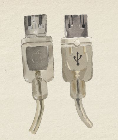USB connector, both sides: the specimen introduced USB to the consumer Mac, rendering every previous peripheral instantly obsolete.