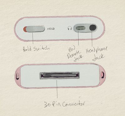 Dorsal and ventral apertures. The hold switch shows red when engaged, the specimen's only resting signal. Beside the headphone jack sits the iPod Remote jack, a four-conductor ring that accepted a wired inline controller and was abandoned within two generations. Below, the 30-pin connector: the sole route by which the specimen fed.