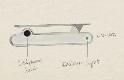 Lateral aspect: 3.5mm headphone jack at one pole, single status LED at the other. The light reports charge state and activity through colour alone.